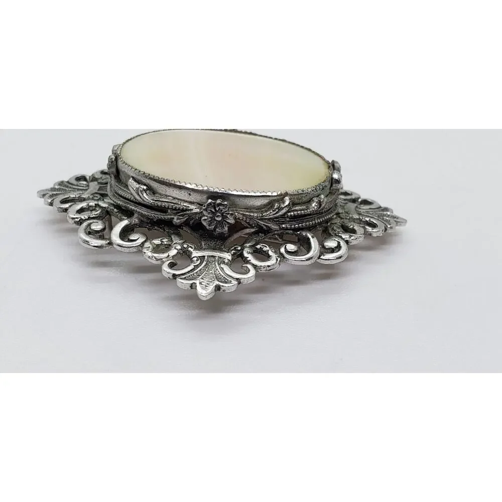 Vintage Whiting Davis Mother of Pearl Brooch Victorian Revival Silver Filagree